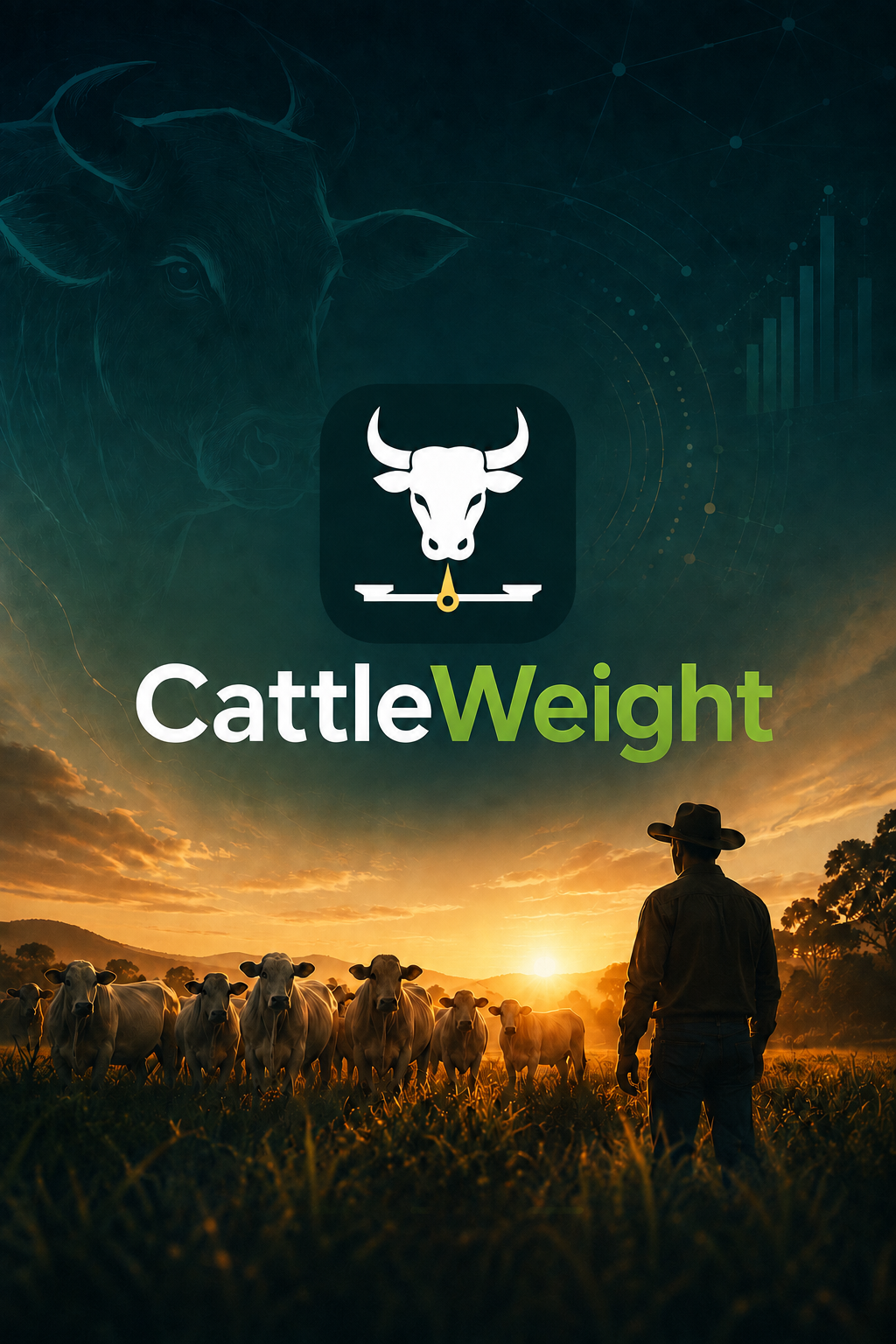 Arte oficial CattleWeight com bovinos ao pôr do sol